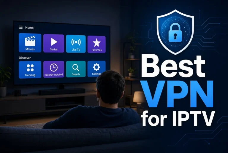 Best IPTV VPN graphic showing a viewer watching a smart TV with streaming options, alongside a secure shield and lock symbol representing VPN privacy and protection.