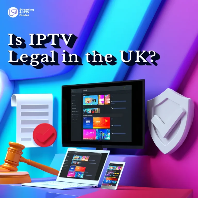 IPTV legality UK graphic showing a streaming interface on a TV, laptop, and tablet with a legal document, judge?s gavel, and security shield.