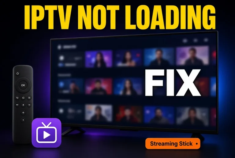 IPTV not loading graphic showing a TV with a blurred streaming interface, remote control, IPTV player icon, and prominent ?FIX? message.