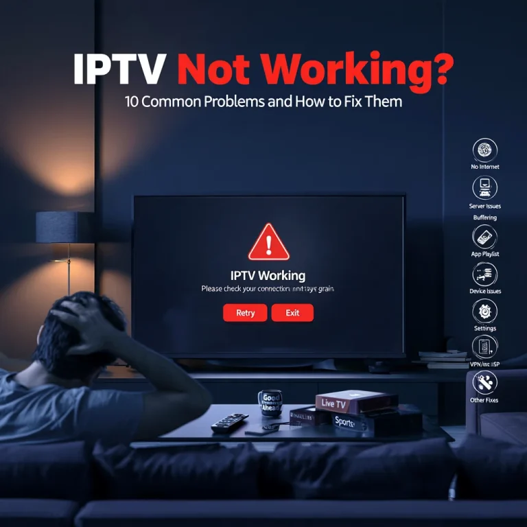 IPTV not working troubleshooting graphic showing a user facing a TV error message, with common issues including no internet, server problems, buffering, app errors, playlist issues, device settings, VPN or ISP problems, and other fixes.
