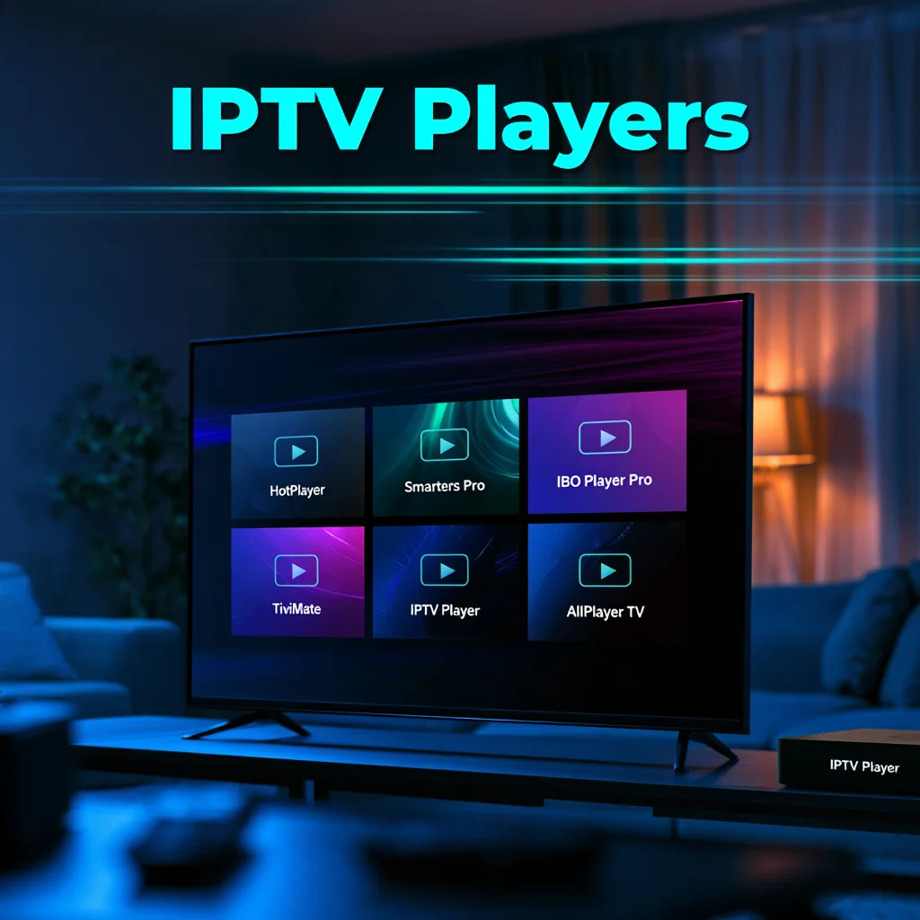 IPTV player app interface showing programme guide, search, favourites, and playback controls