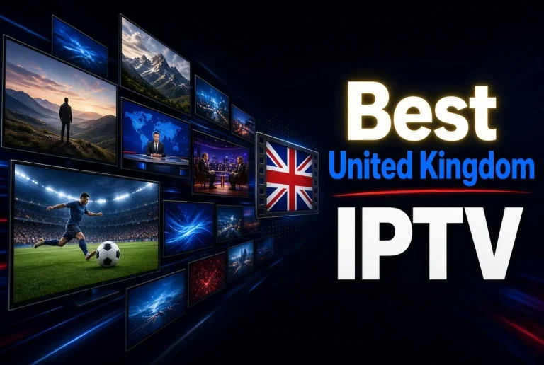 a dark collage of generic TV screens showing sports, news, movies, and entertainment flowing diagonally toward the headline Best United Kingdom IPTV, with a Union Jack inside a film-strip TV frame.